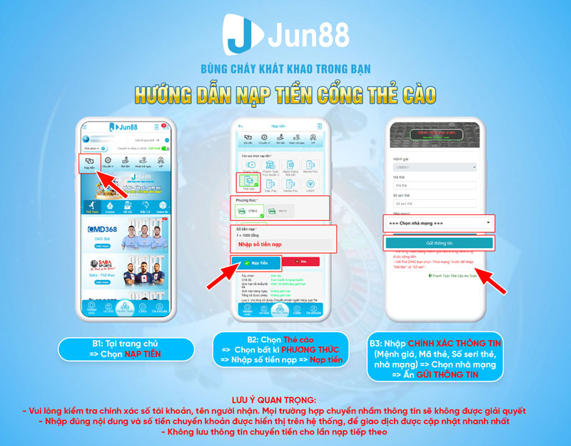 Thực hiện nạp tiền Jun88 bằng thẻ cào đơn giản